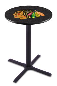 L211 Pub Table – 42" High with a 36" Top Featuring the Chicago Blackhawks NHL Black Wrinkle Base Pub Table